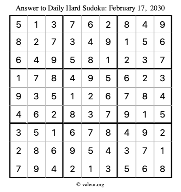 Answer to hard sudoku February 17, 2030