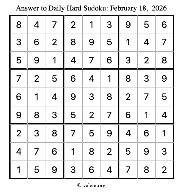 Answer to hard sudoku February 18, 2026