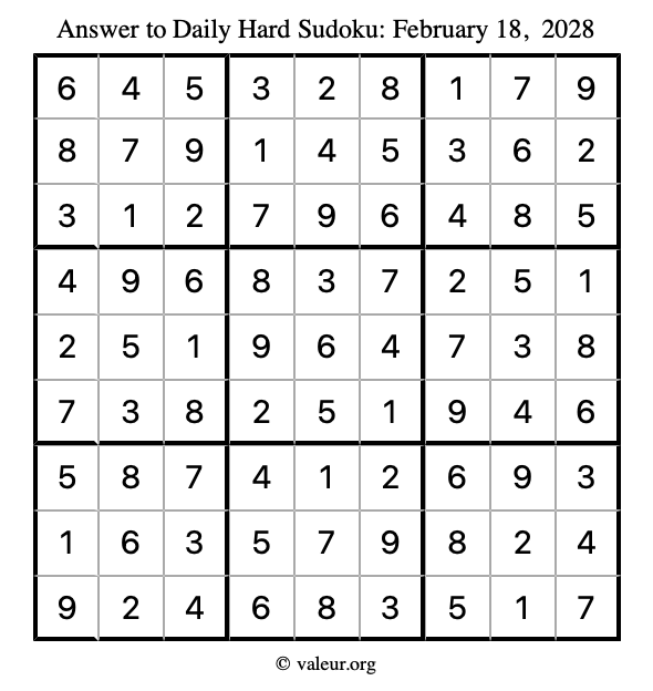 Answer to hard sudoku February 18, 2028