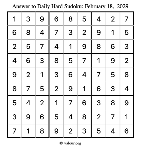 Answer to hard sudoku February 18, 2029