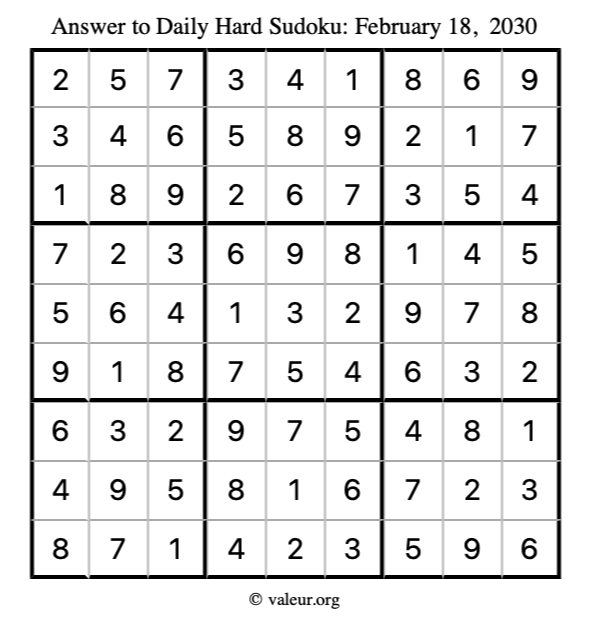 Answer to hard sudoku February 18, 2030