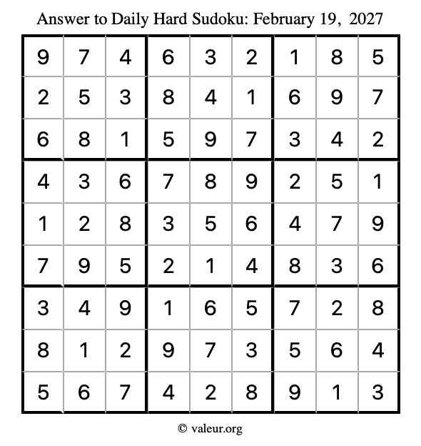 Answer to hard sudoku February 19, 2027