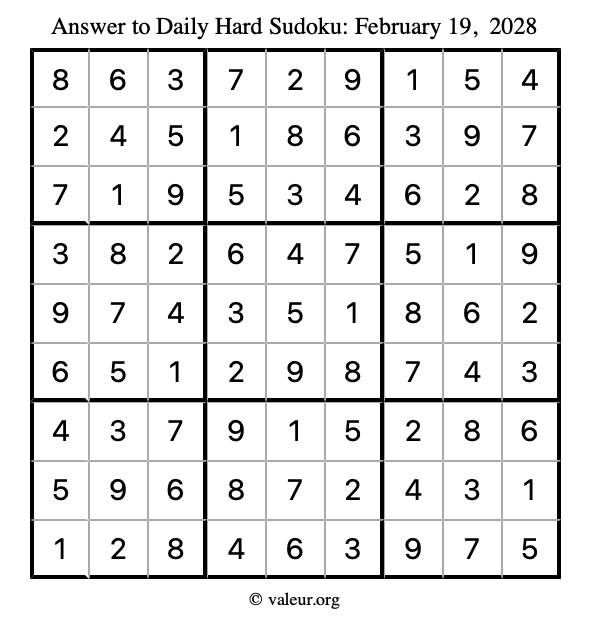 Answer to hard sudoku February 19, 2028
