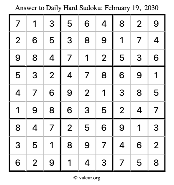 Answer to hard sudoku February 19, 2030