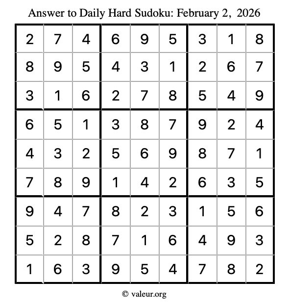 Answer to hard sudoku February 2, 2026