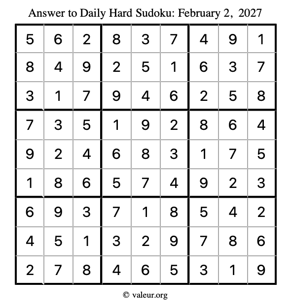 Answer to hard sudoku February 2, 2027