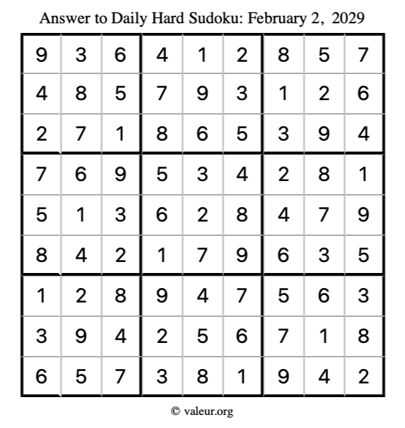Answer to hard sudoku February 2, 2029