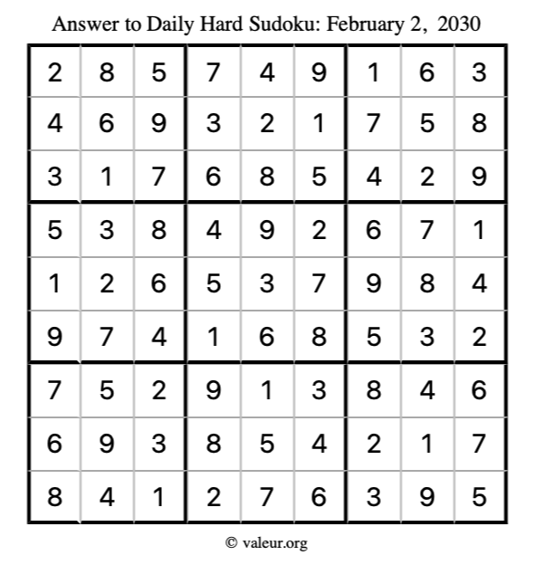 Answer to hard sudoku February 2, 2030