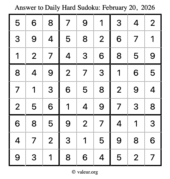 Answer to hard sudoku February 20, 2026