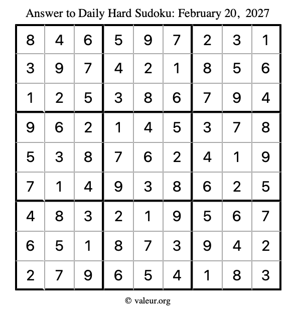 Answer to hard sudoku February 20, 2027