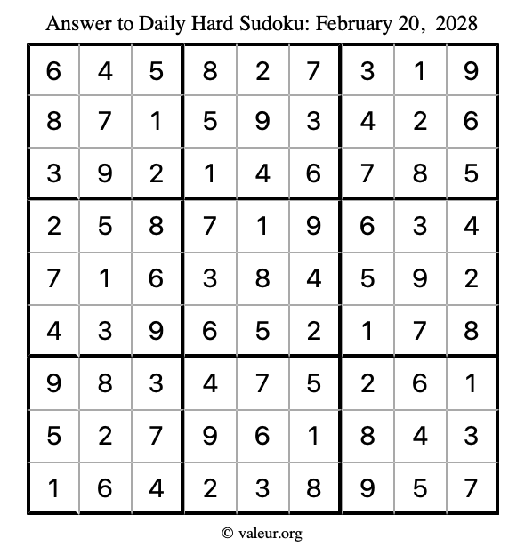 Answer to hard sudoku February 20, 2028
