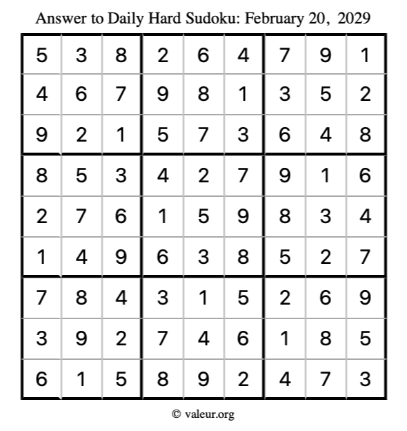 Answer to hard sudoku February 20, 2029