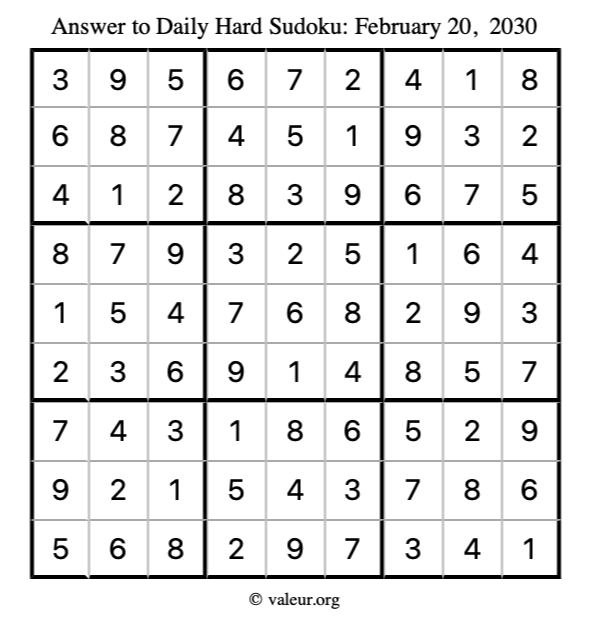 Answer to hard sudoku February 20, 2030