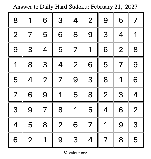 Answer to hard sudoku February 21, 2027