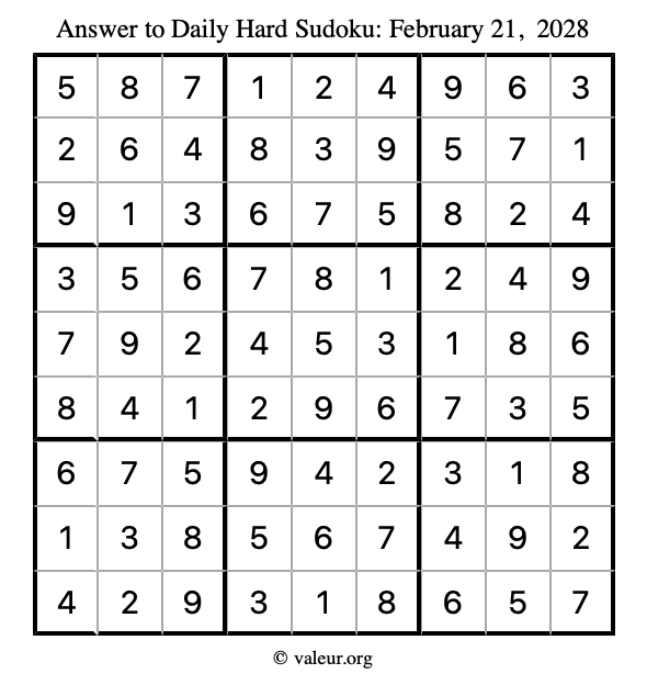 Answer to hard sudoku February 21, 2028