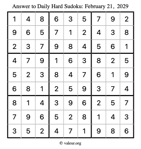 Answer to hard sudoku February 21, 2029
