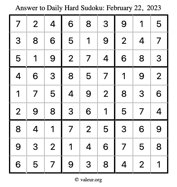 Answer to hard sudoku February 22, 2023