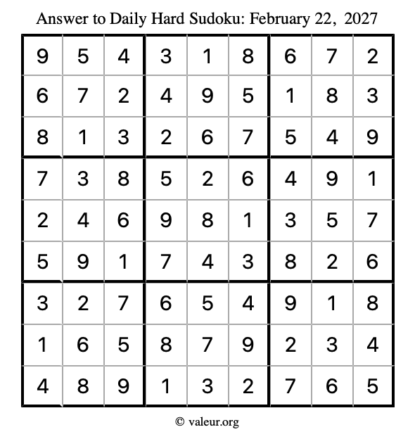 Answer to hard sudoku February 22, 2027