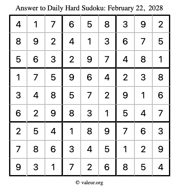 Answer to hard sudoku February 22, 2028