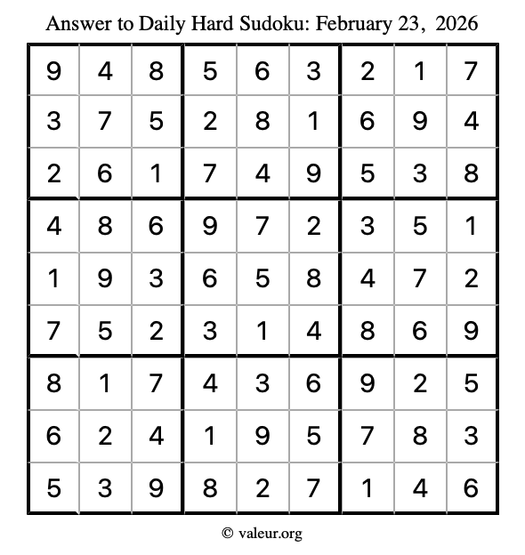 Answer to hard sudoku February 23, 2026
