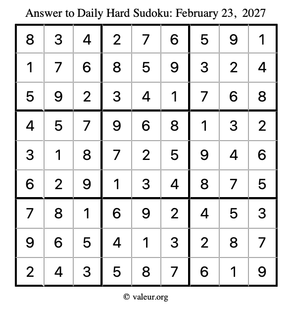 Answer to hard sudoku February 23, 2027