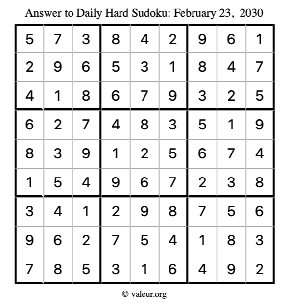 Answer to hard sudoku February 23, 2030