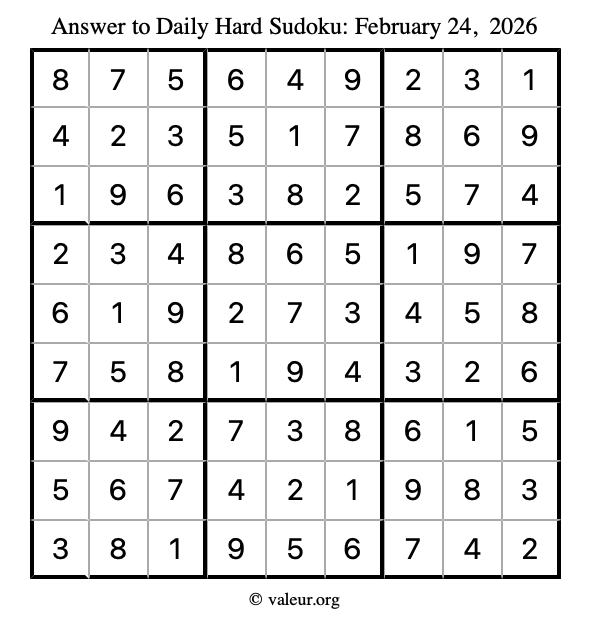 Answer to hard sudoku February 24, 2026