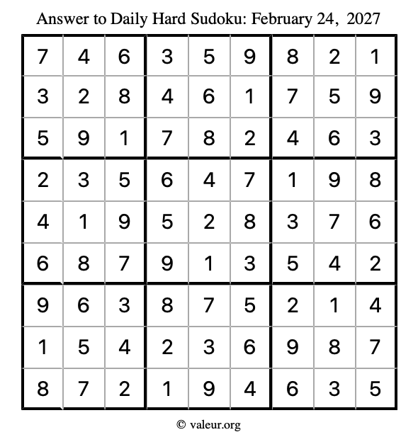 Answer to hard sudoku February 24, 2027