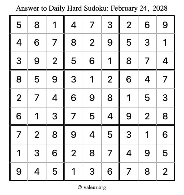 Answer to hard sudoku February 24, 2028