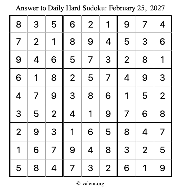 Answer to hard sudoku February 25, 2027