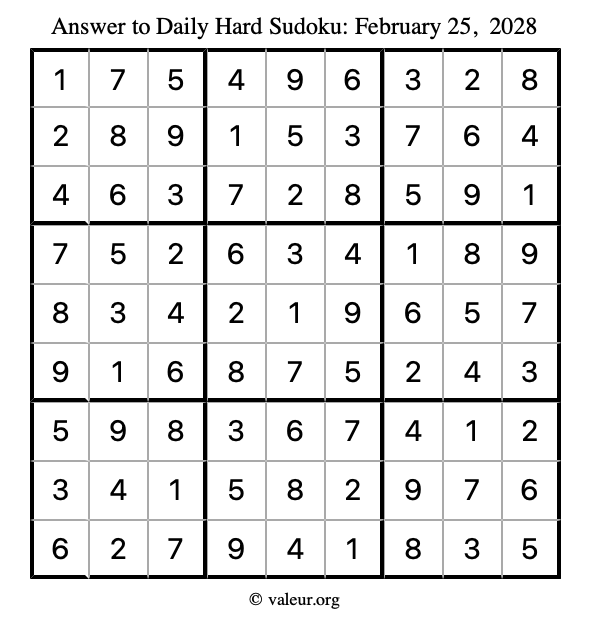 Answer to hard sudoku February 25, 2028