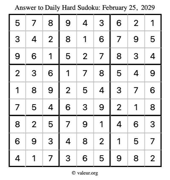 Answer to hard sudoku February 25, 2029