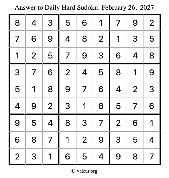 Answer to hard sudoku February 26, 2027