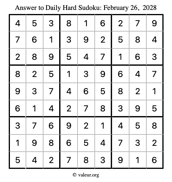 Answer to hard sudoku February 26, 2028