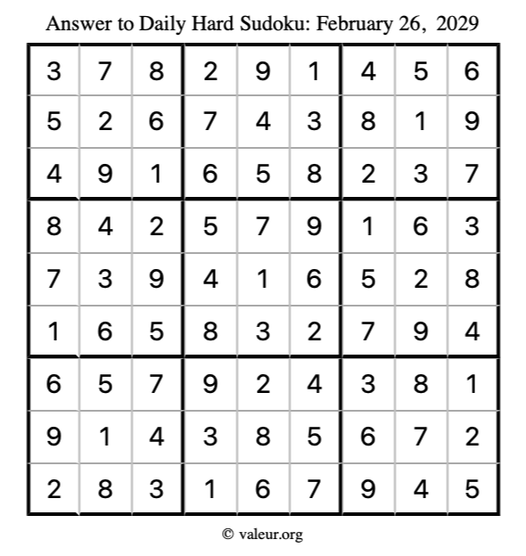 Answer to hard sudoku February 26, 2029