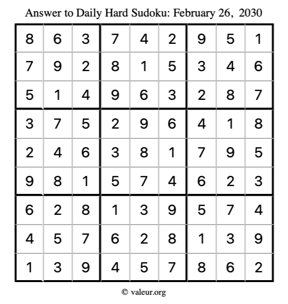 Answer to hard sudoku February 26, 2030