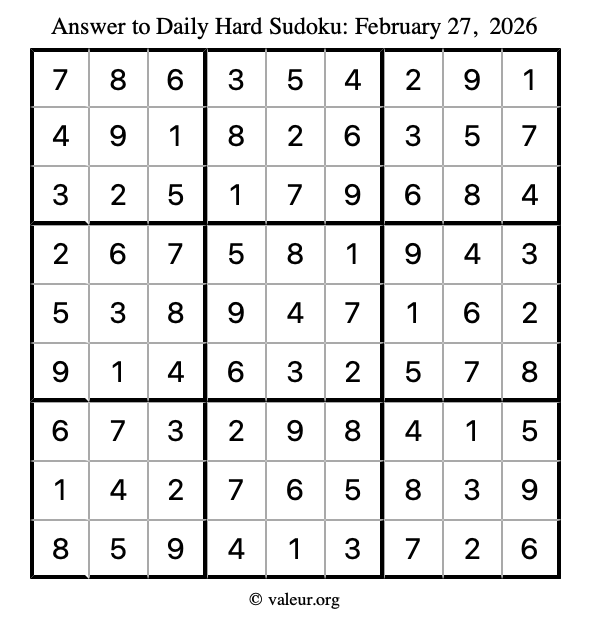 Answer to hard sudoku February 27, 2026