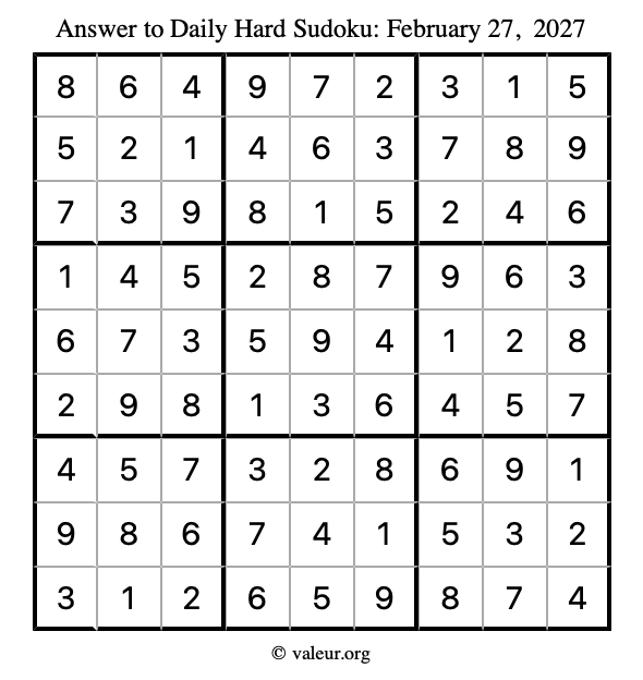 Answer to hard sudoku February 27, 2027