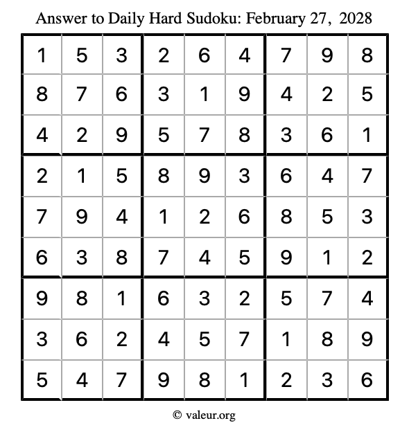 Answer to hard sudoku February 27, 2028