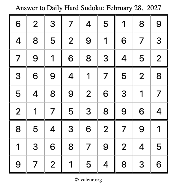 Answer to hard sudoku February 28, 2027