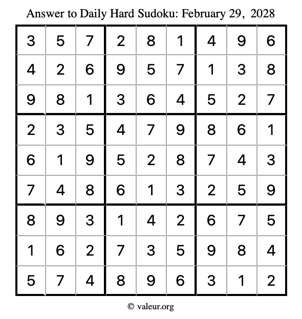 Answer to hard sudoku February 29, 2028