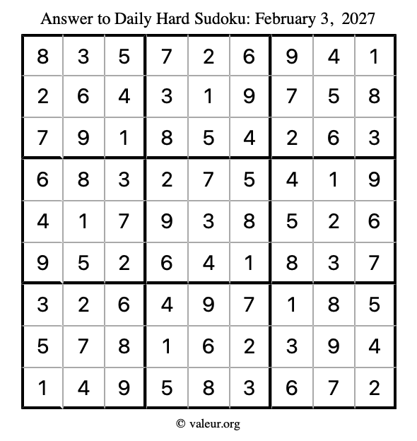 Answer to hard sudoku February 3, 2027