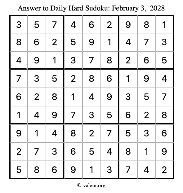 Answer to hard sudoku February 3, 2028