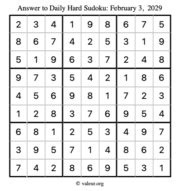 Answer to hard sudoku February 3, 2029