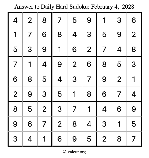 Answer to hard sudoku February 4, 2028