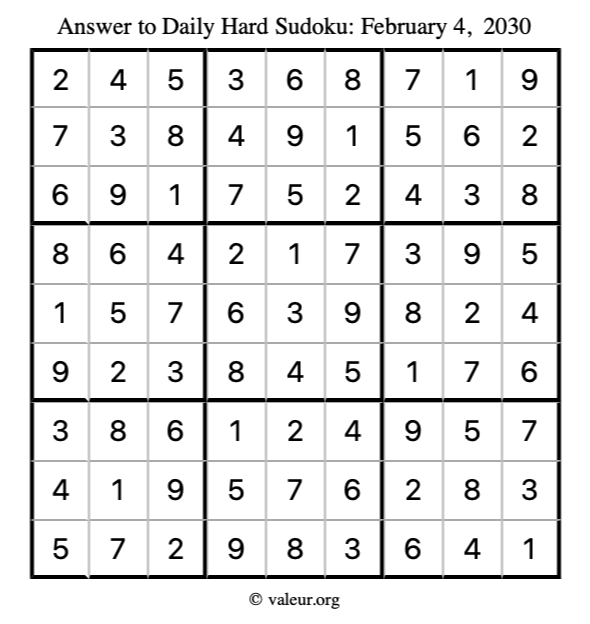 Answer to hard sudoku February 4, 2030