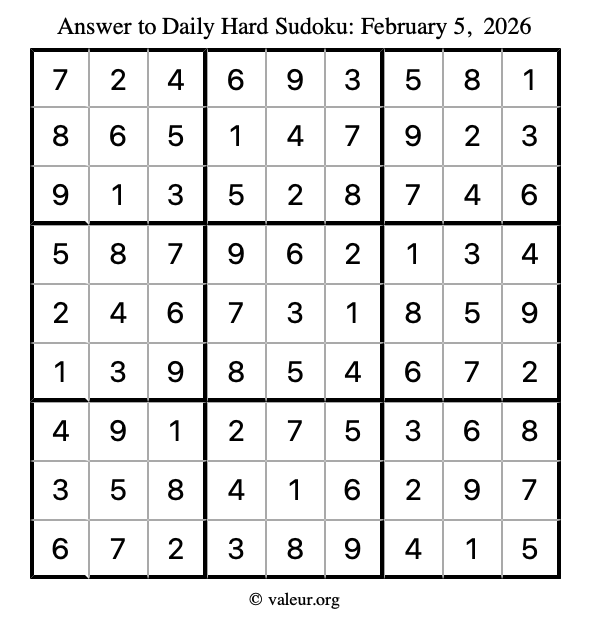Answer to hard sudoku February 5, 2026