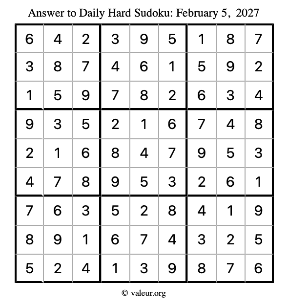 Answer to hard sudoku February 5, 2027