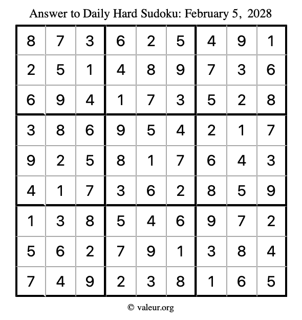 Answer to hard sudoku February 5, 2028