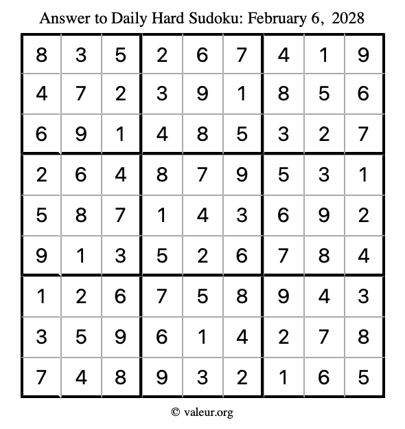 Answer to hard sudoku February 6, 2028